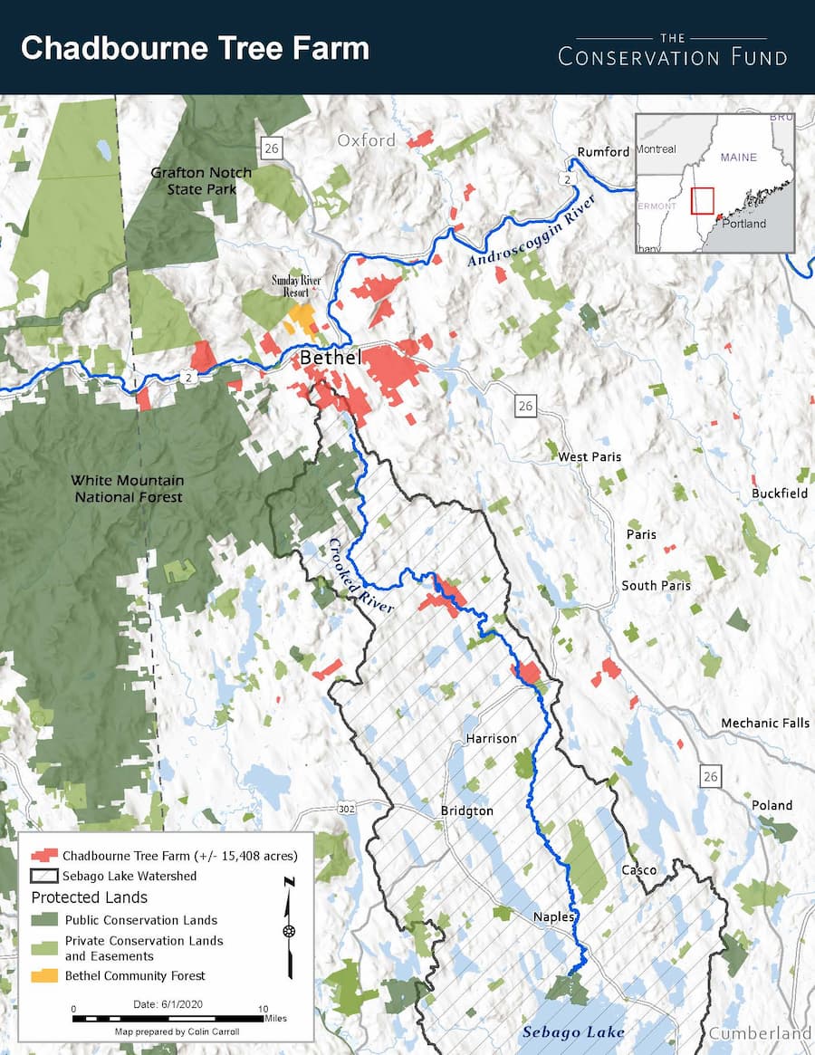 A map of Chadbourne Tree Farm, including Sebago Lake Watershed