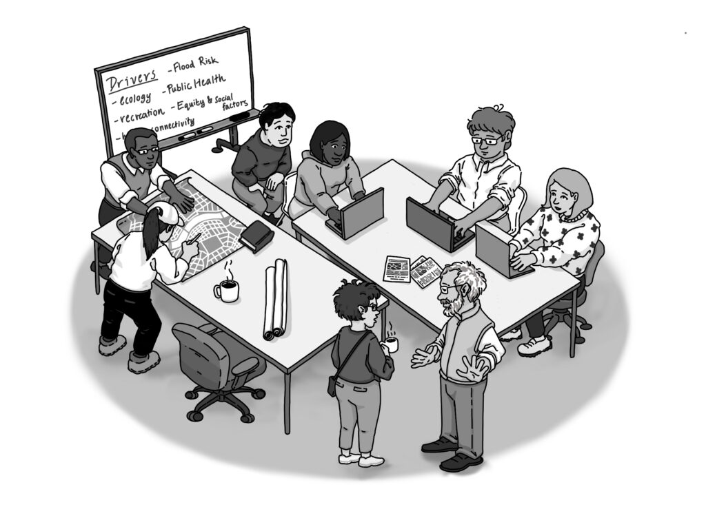 Norwalk Urban Conservation Mapping Tool for Cities. A grayscale illustration of two tables and a white board with text: drivers, flood risk, ecology, public health, recreation, equiaty and social factors, connectivity