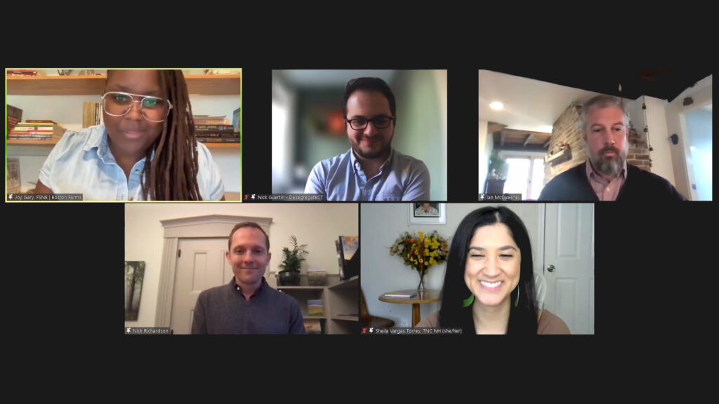 A screenshot of five different panelists on a webinar. 2021 RCP Network Gathering Focuses on Land Justice and Conservation.