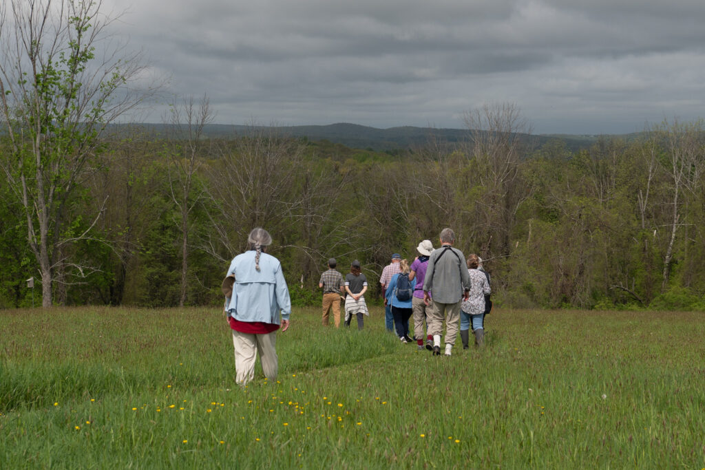 A group of people walk away through grass toward a wal of trees. Migratory and Resident Birds.