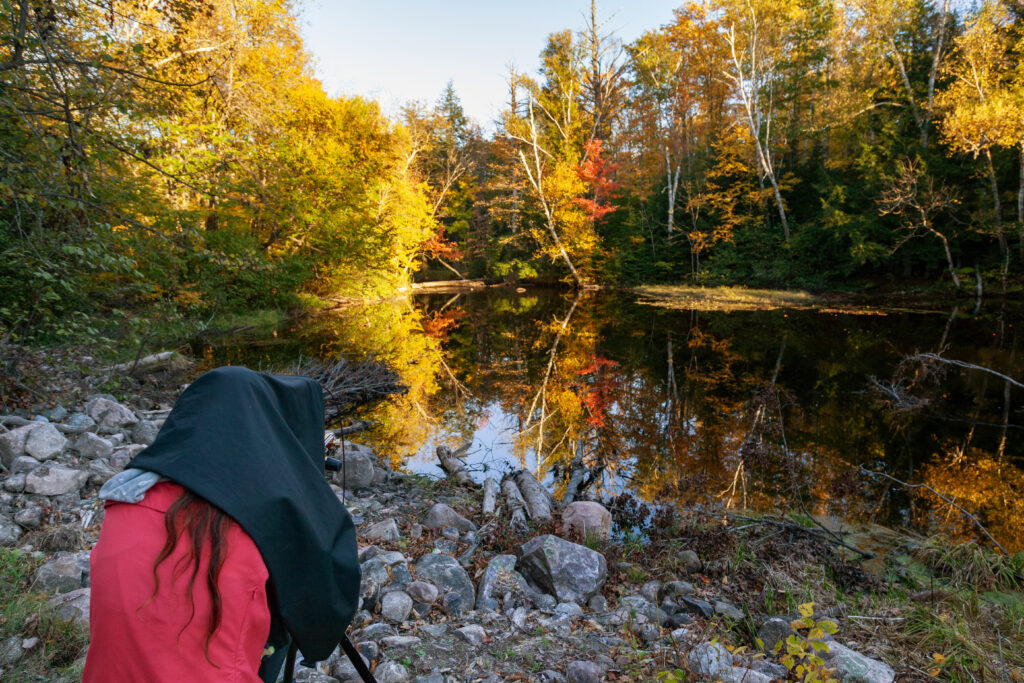 A person with long hair crouches beneath a camera hood and faces the direction of a tranquil pond surrounded by fall foliage.