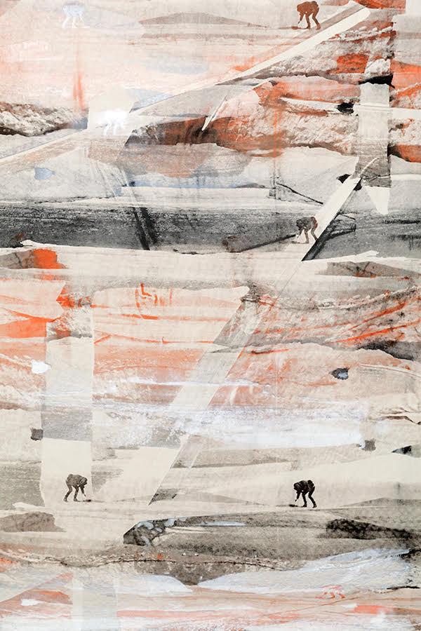People of Highstead: Tewosret Vaughn. A canvas screen print of pink, white, and black landscape formations and human figures bending forward.